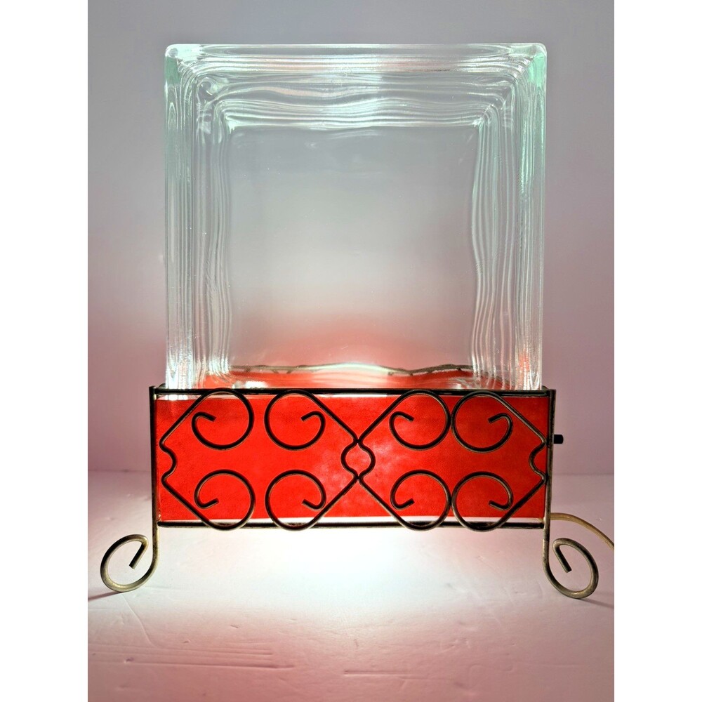 Vintage Owens-Illinois Glass Block Lamp | MCM Industrial Accent Light | Red Glow